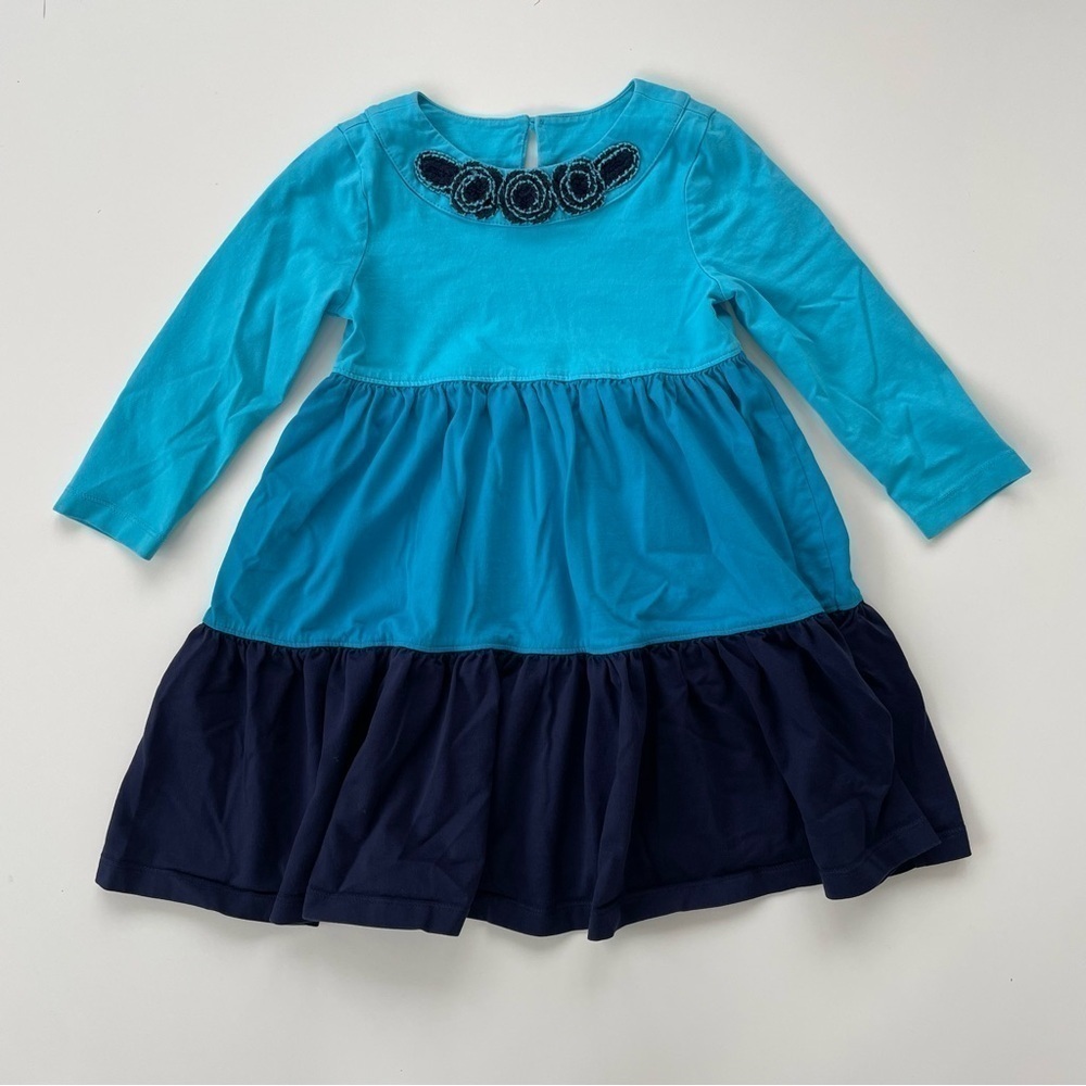 Hanna Andersson Variations of Blue Teal Aqua Tiered Long sleeve Dress Size 4
